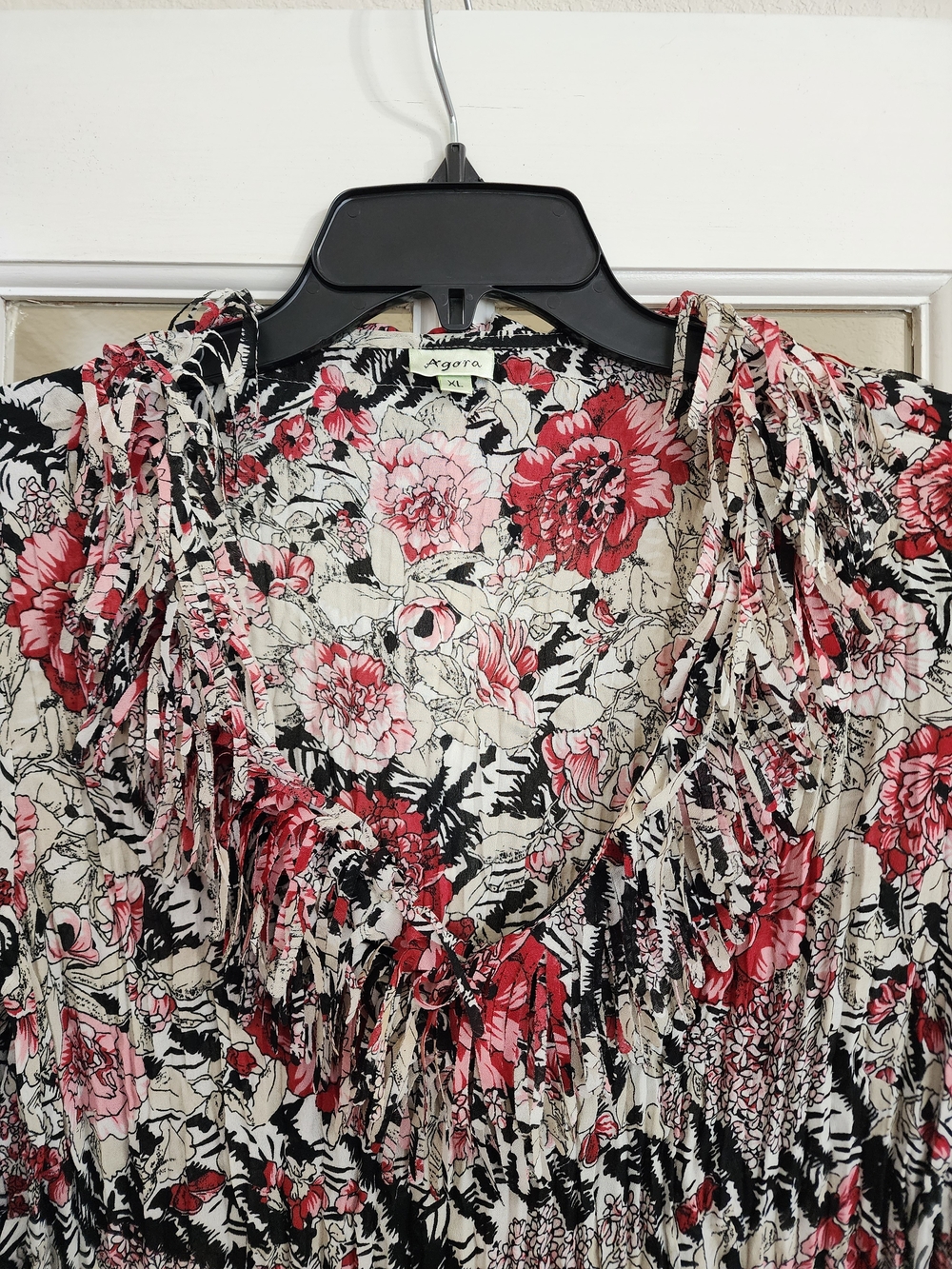 Agora XL Accordion Pleated Boho Floral Fringe Peasant Blouse - Picture 5 of 11